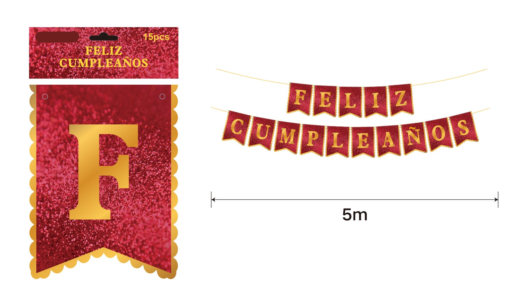 Banderín Feliz Cumpleaños Rojo y dorado 5mts gliter