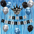 Set de decoración feliz cumpleaños azul, negro y plata 13pcs