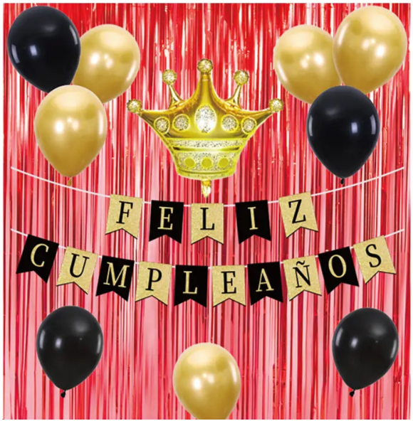 Set de decoración feliz cumpleaños rojo, dorado y negro 13pcs