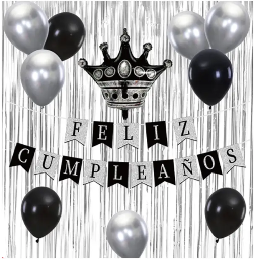 Set de decoración feliz cumpleaños negro y plateado 13pcs