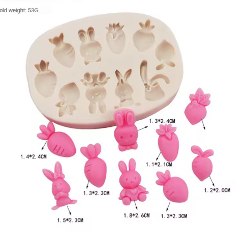 Molde silicona conejos y zanahorias