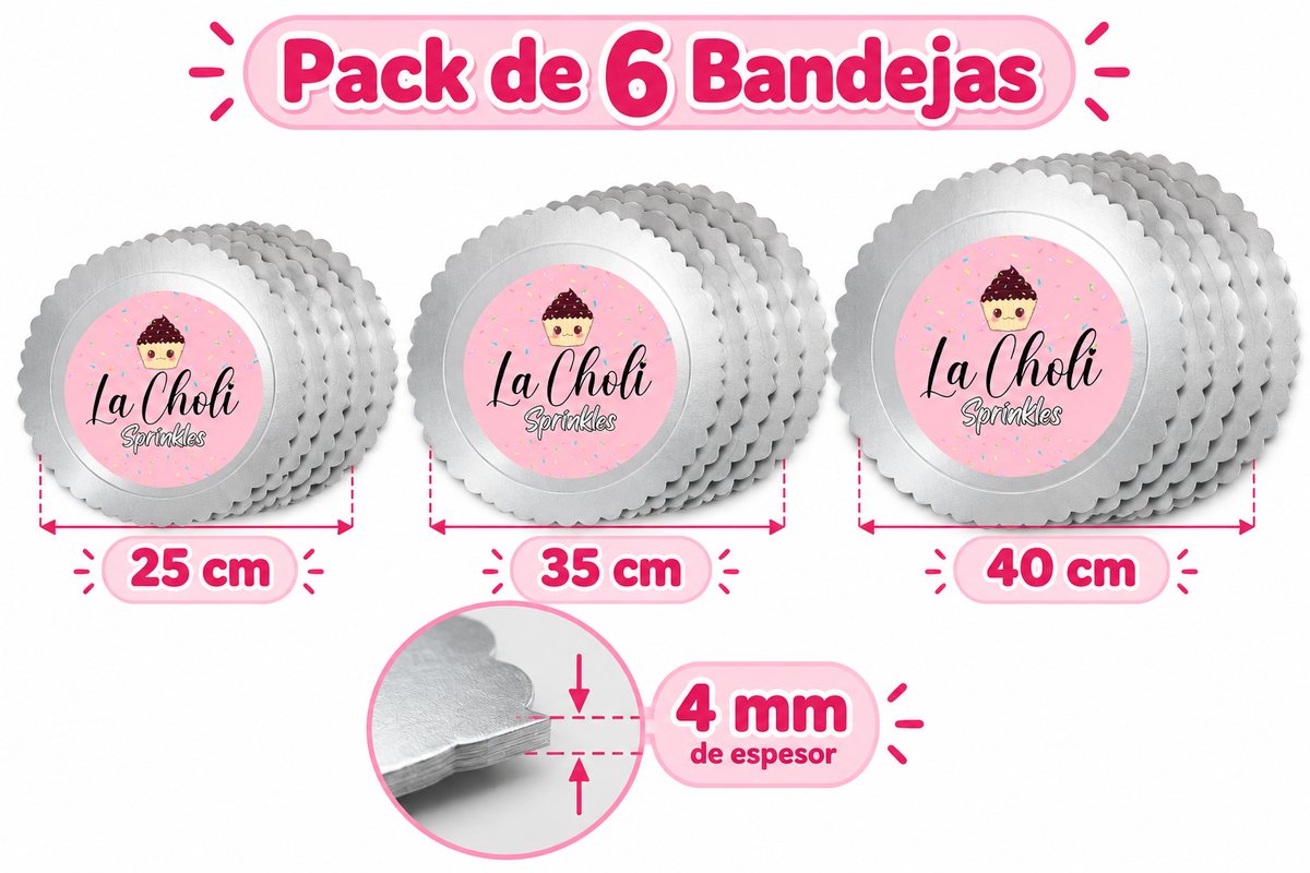 Set bandejas de torta Plateadas flor 6pcs 2mm