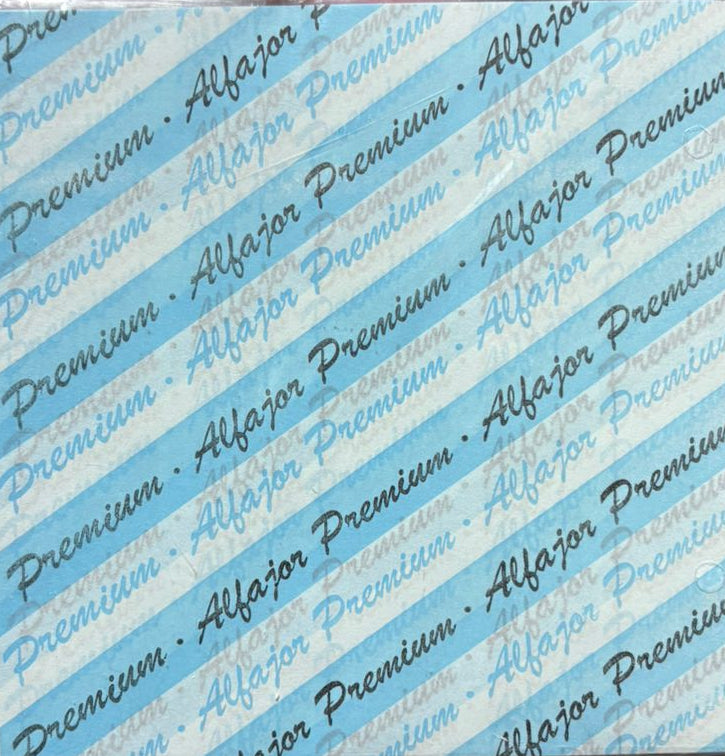 Papel para alfajor, Anti-grasa Celeste letras 14x14 cm, 100 unidades
