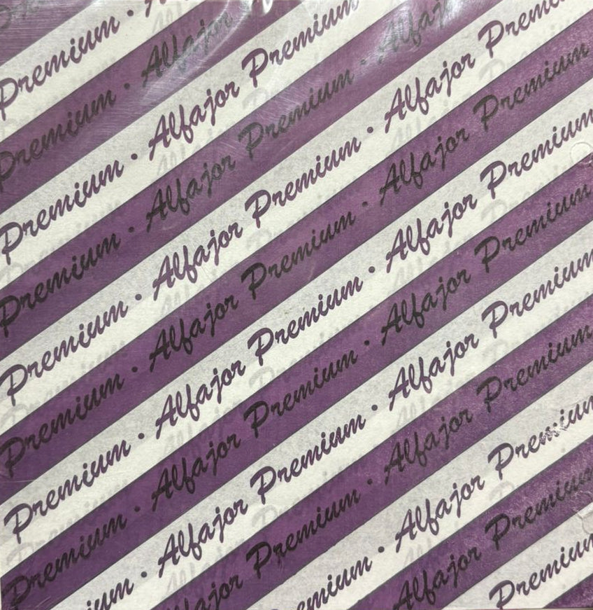Papel para alfajor, Anti-grasa Morado letras 14x14 cm, 100 unidades