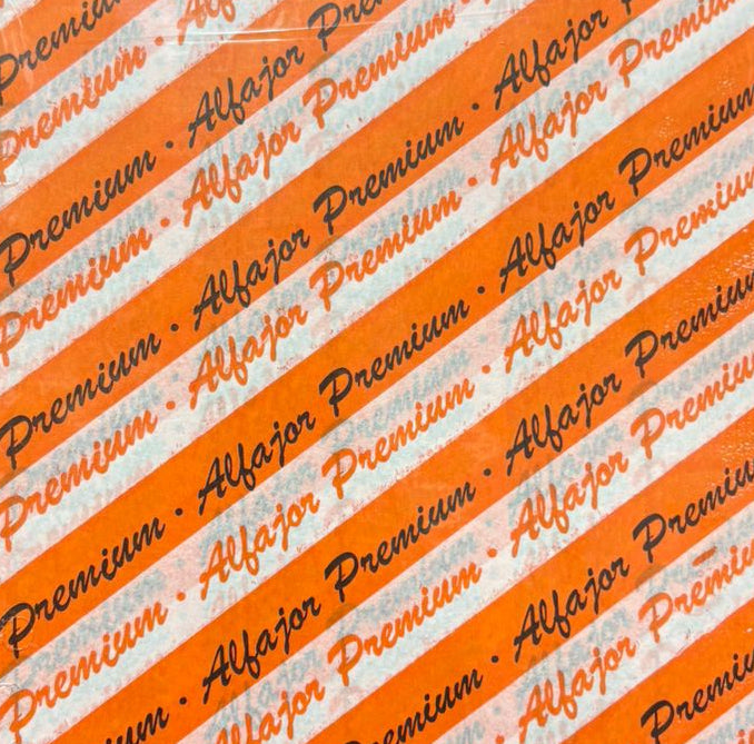 Papel para alfajor, Anti-grasa Naranjo letras 14x14 cm, 100 unidades