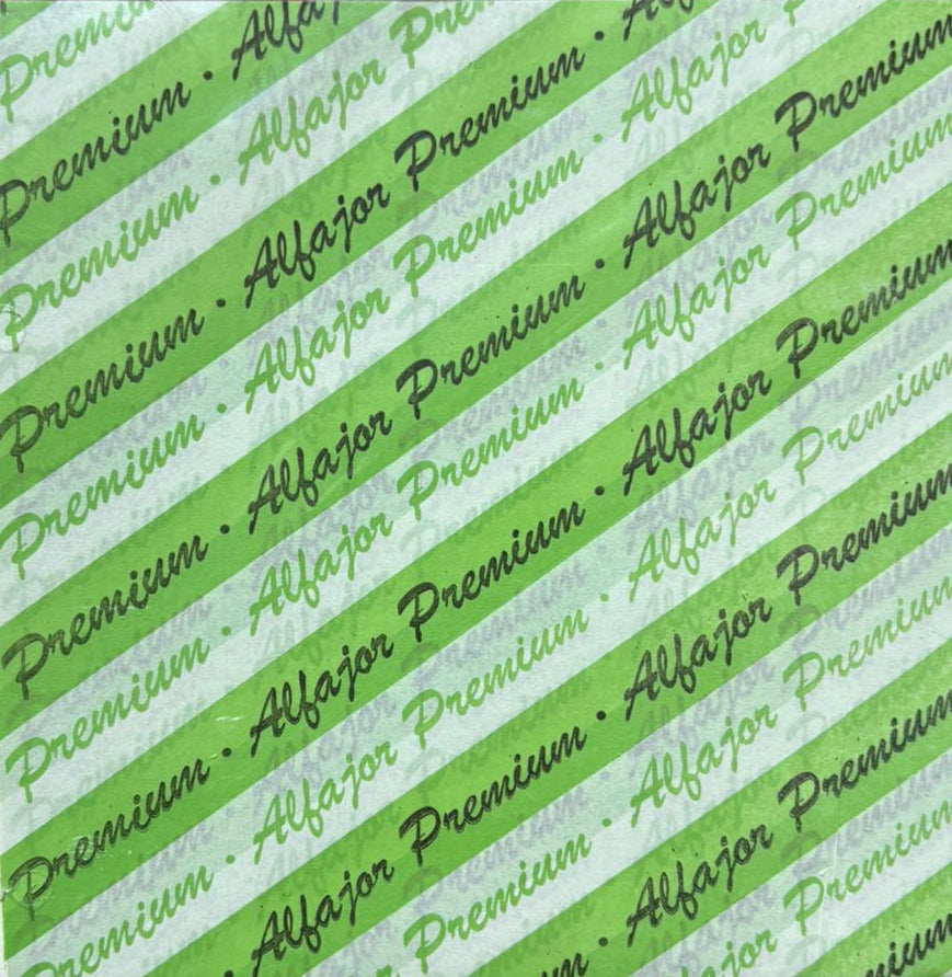 Papel para alfajor, Anti-grasa Verde letras 14x14 cm, 100 unidades