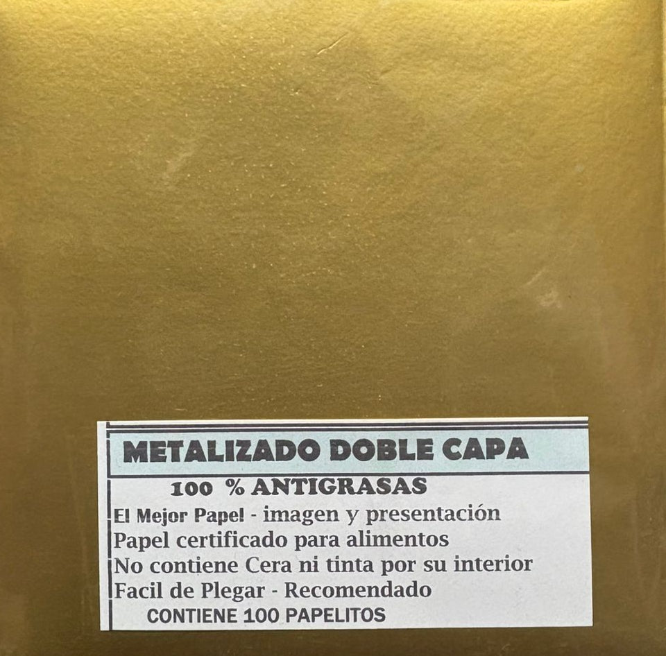 Papel para alfajor metalizado doble cara Anti grasa Dorado 14x14 cm, 100 unidades