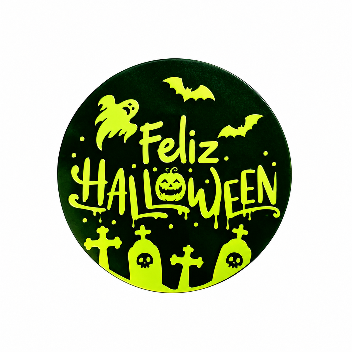 Sticker feliz Halloween verde y amarillo metalizado 100un