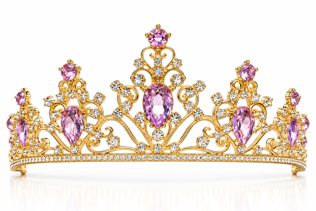 Tiara metálica Dorada con gemas morados