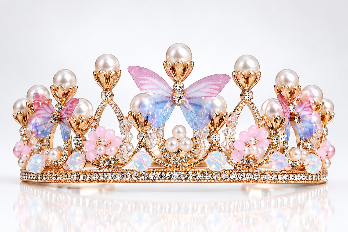 Tiara metálica con perlas y mariposas