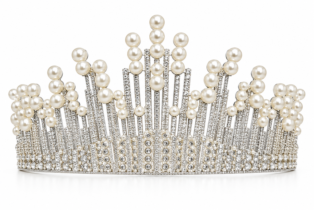 Tiara metálica de perlas y cristales plateados