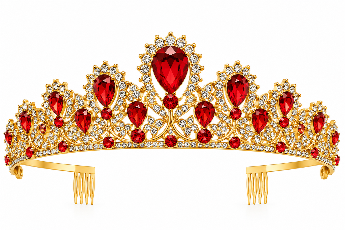 Tiara metálica dorada con gemas Rojas y cristales