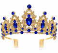 Tiara metálica dorada con gemas azules y brillantes