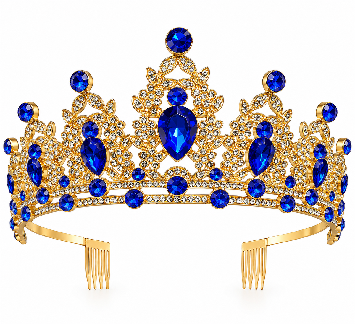 Tiara metálica dorada con gemas azules y brillantes