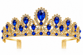 Tiara metálica dorada con gemas azules y cristales