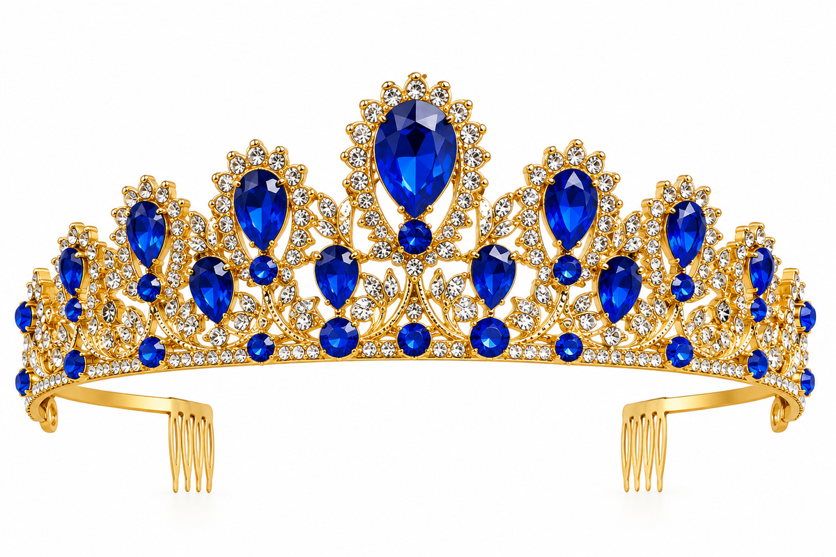 Tiara metálica dorada con gemas azules y cristales