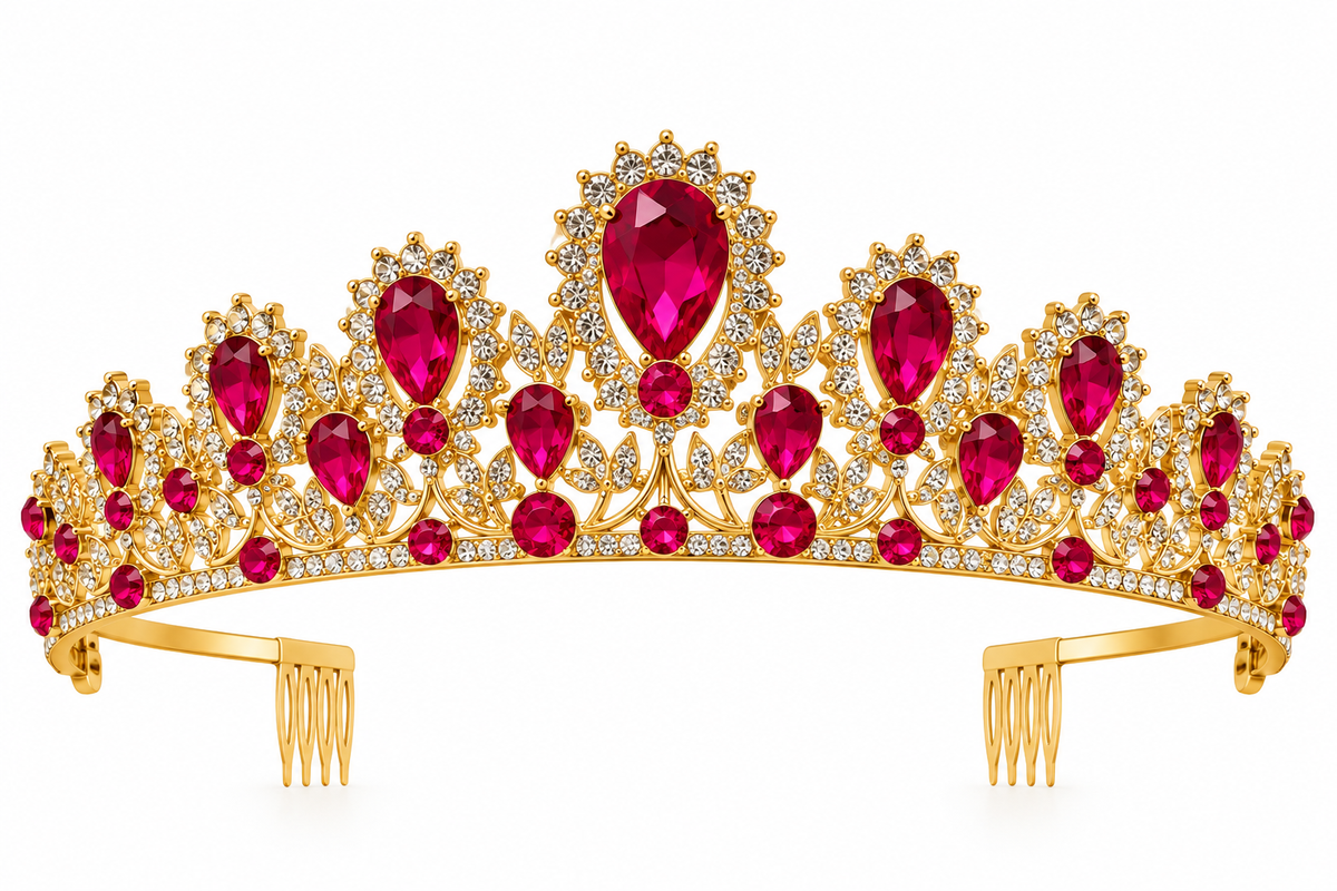 Tiara metálica dorada con gemas fucsias y cristales
