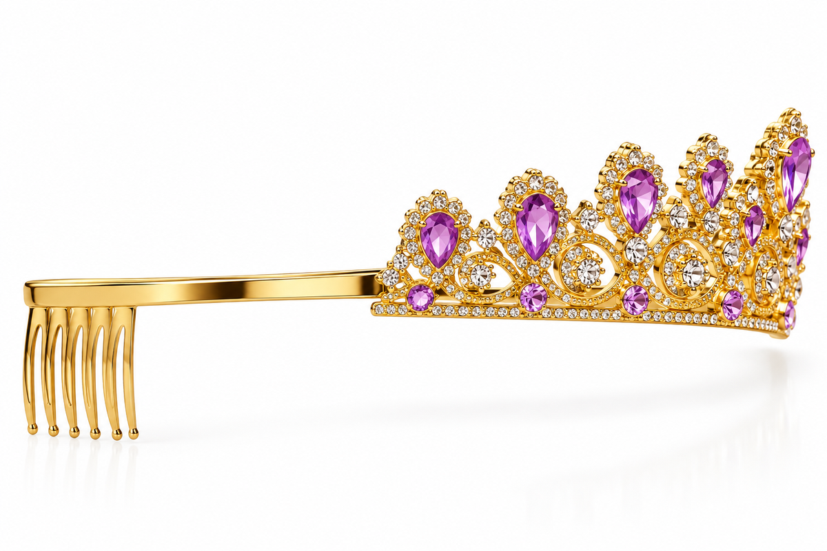 Tiara metálica Dorada con gemas moradas y plateados