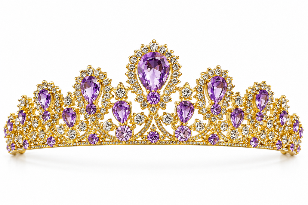 Tiara metálica Dorada con gemas moradas y plateados