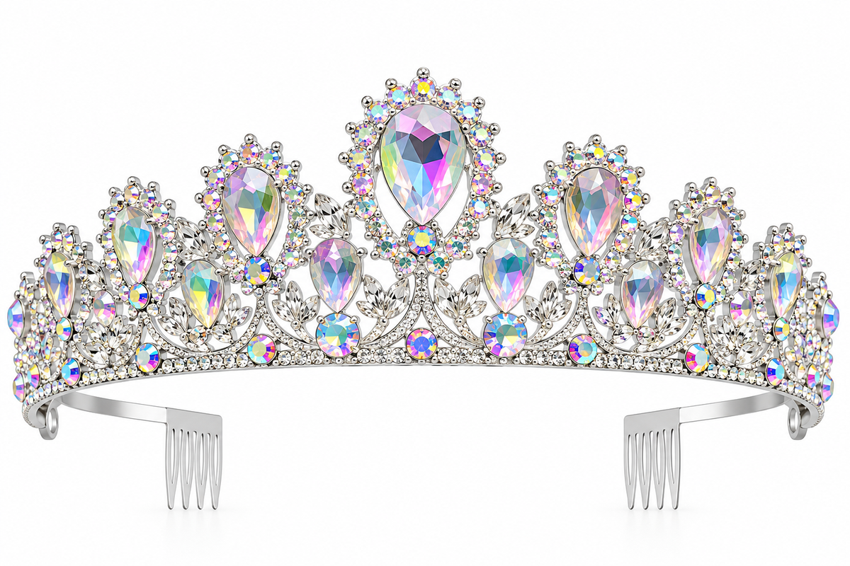 Tiara metálica plateada con gemas cristalinas