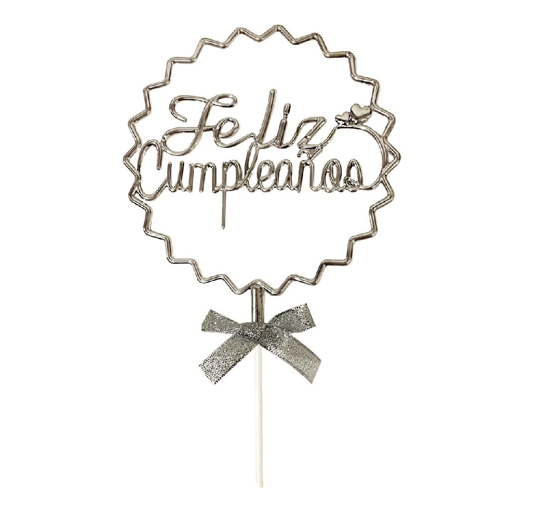 Topper para torta plateado feliz cumpleaños