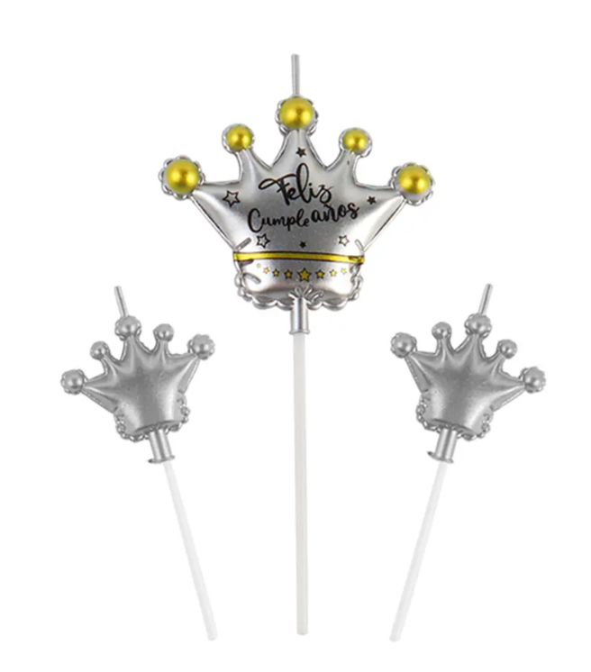Velas feliz cumpleaños corona plateada 3pcs