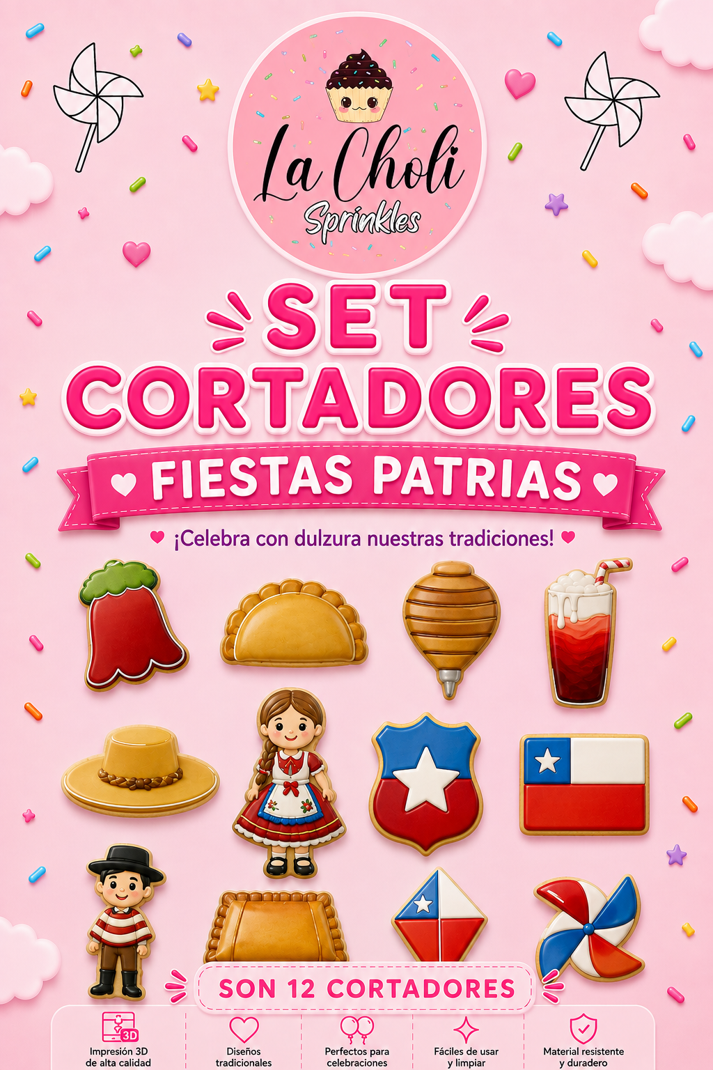 Set 12 cortadores de galletas Fiestas Patrias